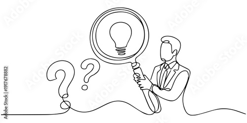 Businessman holding magnifying glass with glowing light bulb and question marks, representing problem solving, finding solutions, critical thinking, and innovative decision continuous one line drawing