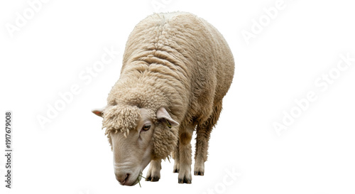 Foto Isolated sheep stands with head lowered, feeding, domesticated animal with thick