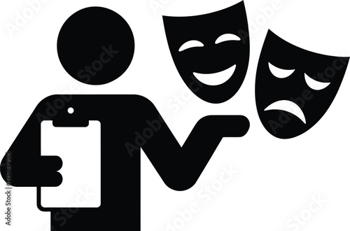 A person holding a clipboard with comedy and tragedy masks floating beside them. Vector