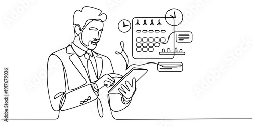 Businessman planning a schedule using a digital calendar with AI, representing smart scheduling, task automation, time management, project planning,  continuous one line drawing