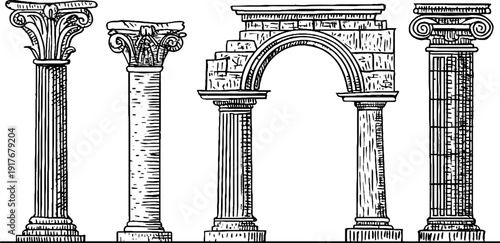 Classical architecture elements: columns and arches hand-drawn engraving for design and decor