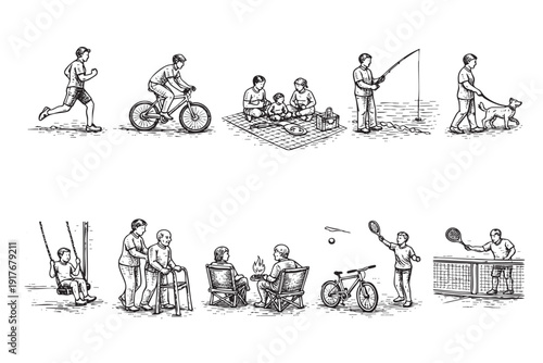 Hand-drawn illustration showing various outdoor activities: running, cycling, picnic, fishing, dog walking, swing, caregiving, campfire, tennis. Represents active living, family time.