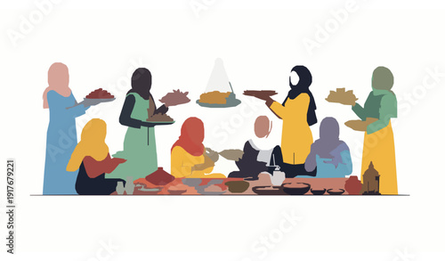 Women preparing and sharing iftar meal vector Ramadan social activity