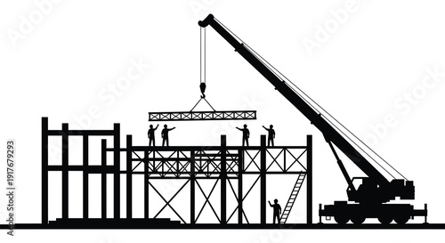 A black silhouette of a construction crane lifting steel beams at a building site on transparent background high quality professional detailed