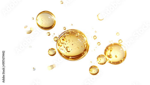 Golden liquid droplets floating against a black background