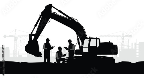 A black silhouette of an excavator with construction workers and a cityscape ideal for design projects on transparent background silhouette
