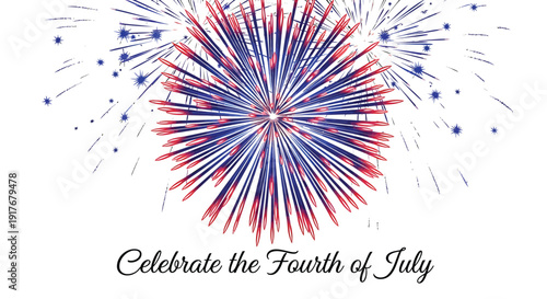 Fireworks explosion with red, white and blue lines, Celebrate the Fourth of July text, patriotic decoration element.