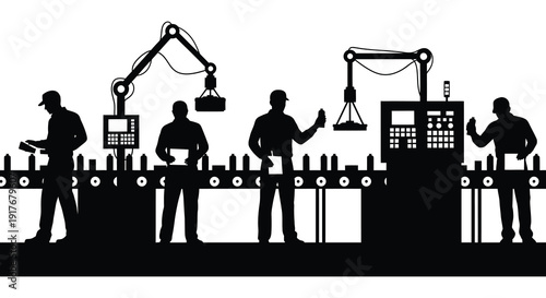 A black silhouette depicts an automated factory line with workers and robotic arms on transparent background high quality professional detailed modern