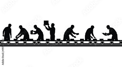 A sequence of figures carrying a box along a conveyor belt is depicted as a stark silhouette on transparent background