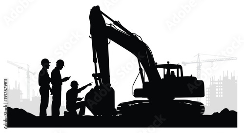 A black silhouette of construction workers and machinery against a city skyline on transparent background high quality professional detailed modern elegant
