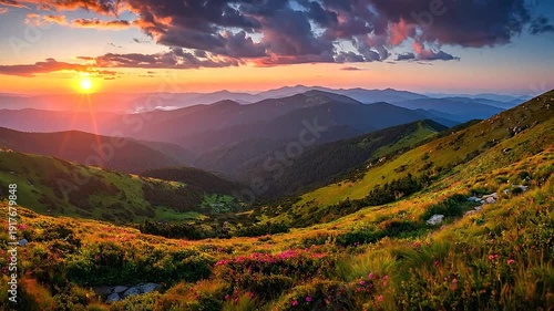 The sun rises over the mountain range, casting a warm glow on the landscape.