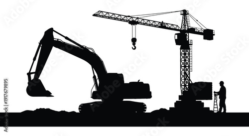A black silhouette of a construction crane and excavator working on a site ideal for design projects on transparent background silhouette
