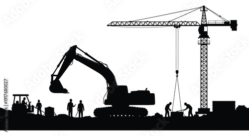 A black silhouette of a construction site featuring a crane excavator and workers on transparent background high quality professional detailed modern