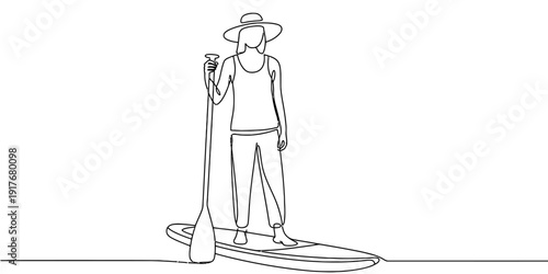 Continuous line drawing of a woman standing on a paddleboard with a paddle wearing a hat.
