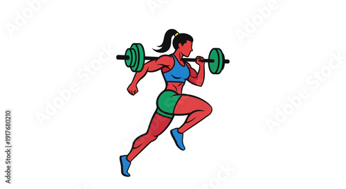 Energetic athletic woman lifting weights while running, strength and fitness workout on isolated white background.