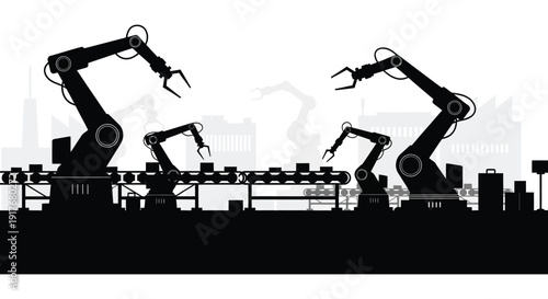 A black silhouette of robotic arms working over a factory assembly line against a cityscape on transparent background high quality professional