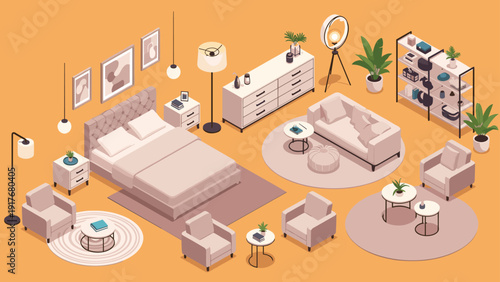 Comprehensive furniture set for a bedroom and living room includes a bed, sofa, armchairs, tables, lighting, and decorative wall art.