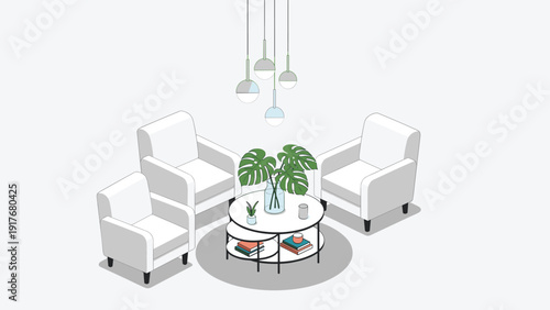 Modern living area featuring white armchairs and a minimalist coffee table illuminated by stylish globe lights.