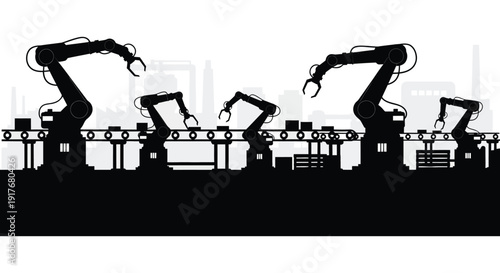 A black silhouette of robotic arms working on a conveyor belt in a factory a useful asset on transparent background