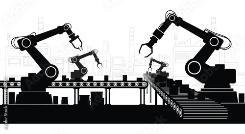 A detailed illustration of robotic arms assembling products on a conveyor belt showcasing industrial automation on transparent background silhouette high quality