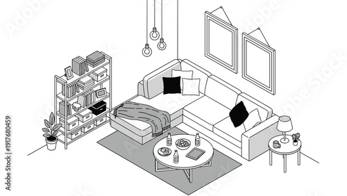 Spacious home lounge area with an L-shaped sectional sofa and coffee table laden with various snacks and drinks.