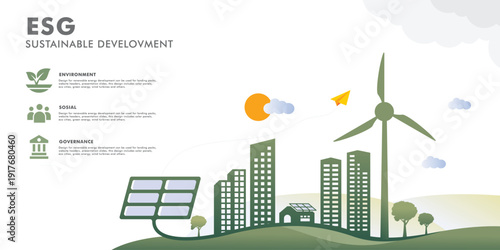 Green city and alternative renewable energy. ESG as environmental social and governance concept. Paper art Vector illustration.