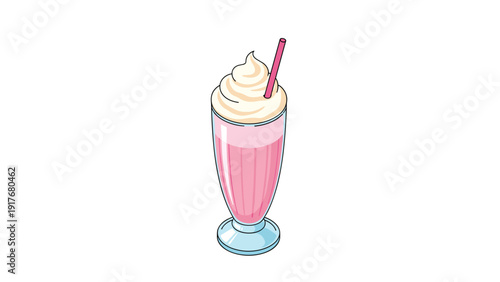 Refreshing pink strawberry milkshake topped with a generous swirl of whipped cream and a matching pink straw.