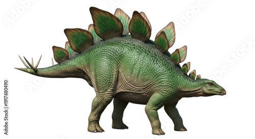 Obraz na plátně Isolated dinosaur Stegosaurus with dorsal plates and spiked tail walks without a