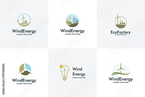 Wind Turbine Farm Renewable energy logo design set vector illustration, wind energy, wind turbine icon