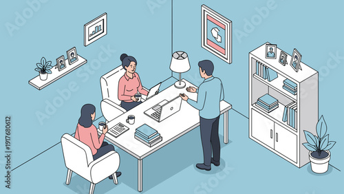 Focused office workers collaborate at a long white table with laptops and professional documents in a shared space.