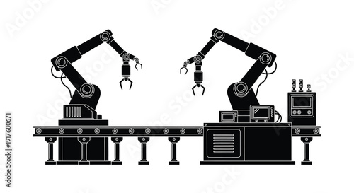 Two robotic arms working on a production line with control panel depicted as a black silhouette on transparent background high quality