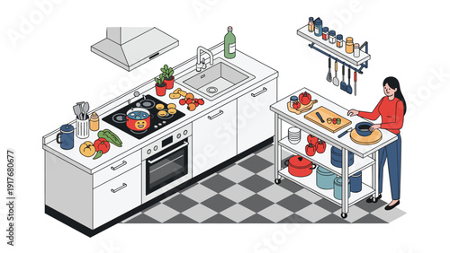 Efficient home kitchen layout shows a woman preparing a meal at a central island next to modern cooking appliances.