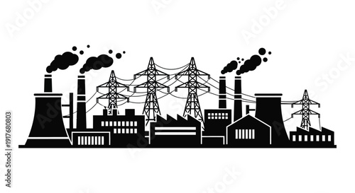 A black silhouette of an industrial complex with smokestacks and power lines on transparent background high quality professional detailed modern elegant