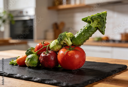 Fresh vegetables arranged in an upward arrow shape on a slate platter, representing growth and healthy eating.