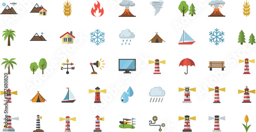 Nature and weather vector icon set with mountains trees storm rain fire lighthouse and outdoor elements isolated on white background