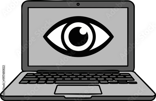 Laptop with a large eye symbol on the screen, depicting concepts of surveillance, privacy, and digital security. Created in a flat vector style with a monochromatic gray and black color palette.