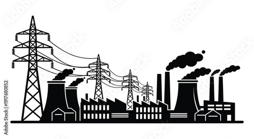 A stark industrial landscape featuring power lines factories and smokestacks presented as a silhouette on transparent background high quality professional detailed