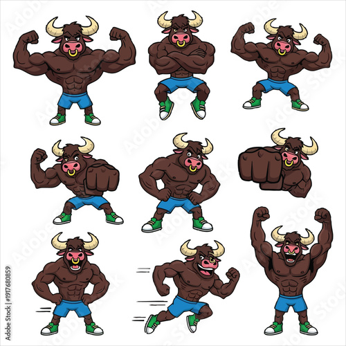 Strong muscular bull character in various fitness poses