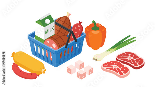 Blue shopping basket overflowing with fresh groceries like milk and meat surrounded by colorful bell peppers.