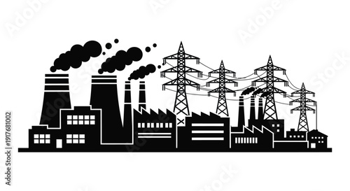 An industrial cityscape with factory smokestacks power lines and buildings in a striking silhouette on transparent background high quality professional detailed