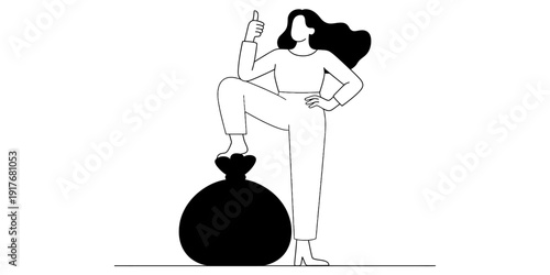 Successful woman standing proudly with her foot on a large black money bag illustration