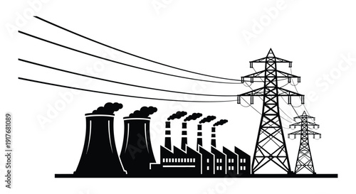 A black silhouette of a power plant with emissions and electrical towers on transparent background high quality professional detailed modern elegant
