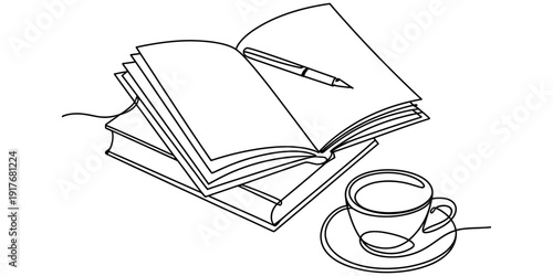 Simple line drawing of an open book with a pen and a cup of coffee on a saucer