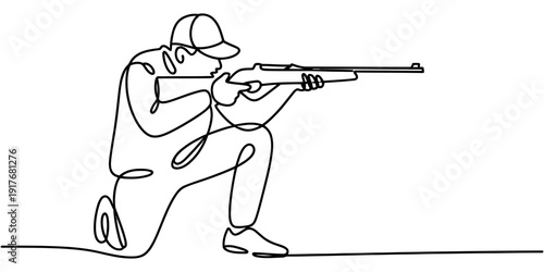 A continuous line drawing of a hunter kneeling and aiming a rifle for target practice.