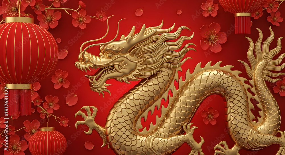 Obraz premium A majestic golden dragon design adorns a vibrant red wall, surrounded by traditional Chinese lanterns and delicate cherry blossoms, creating a festive atmosphere.
