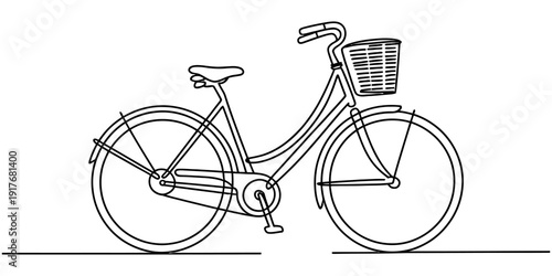 A minimalist continuous line drawing of a vintage bicycle with a front basket on a white background.