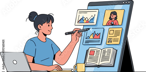 Woman studying online with a stylus on a large tablet screen, featuring graphs, a video call, and an open book, next to a laptop and coffee mug. Vector illustration isolated on transparent