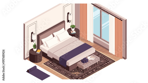 Sophisticated master bedroom features a large double bed with a purple throw, bedside tables with lamps, and a view through a large window.