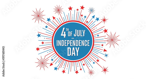 4th of July Independence Day celebration icon with fireworks and stars, isolated on transparent background