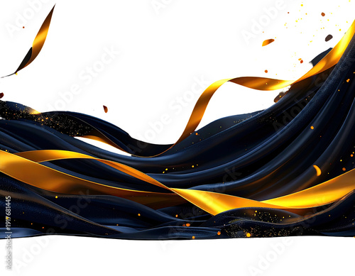 Elegant blue and gold ribbons flowing in darkness